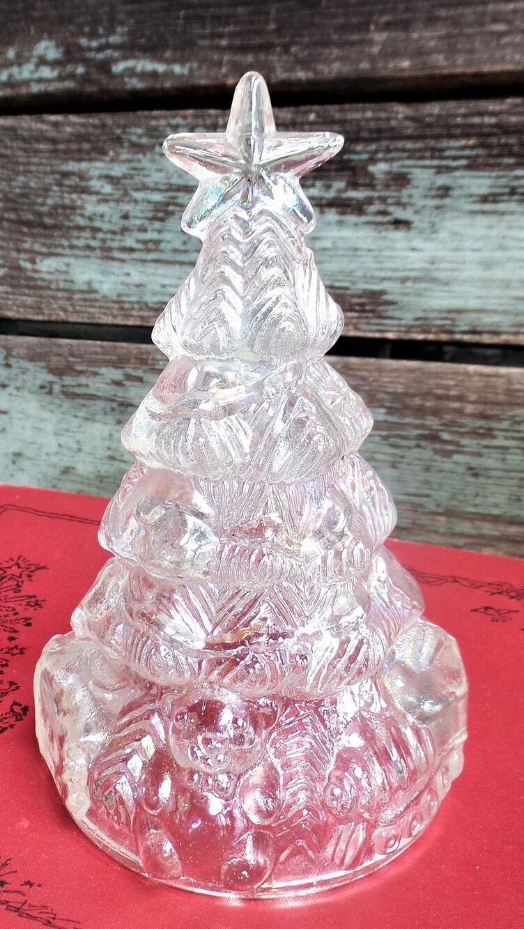 Vintage Iridescent Carnival Glass Christmas Tree With Presents Teddy Bear